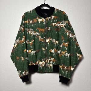 Vintage Jackets By Design Womens Horses Equestrian Bomber Jacket Coat One Size